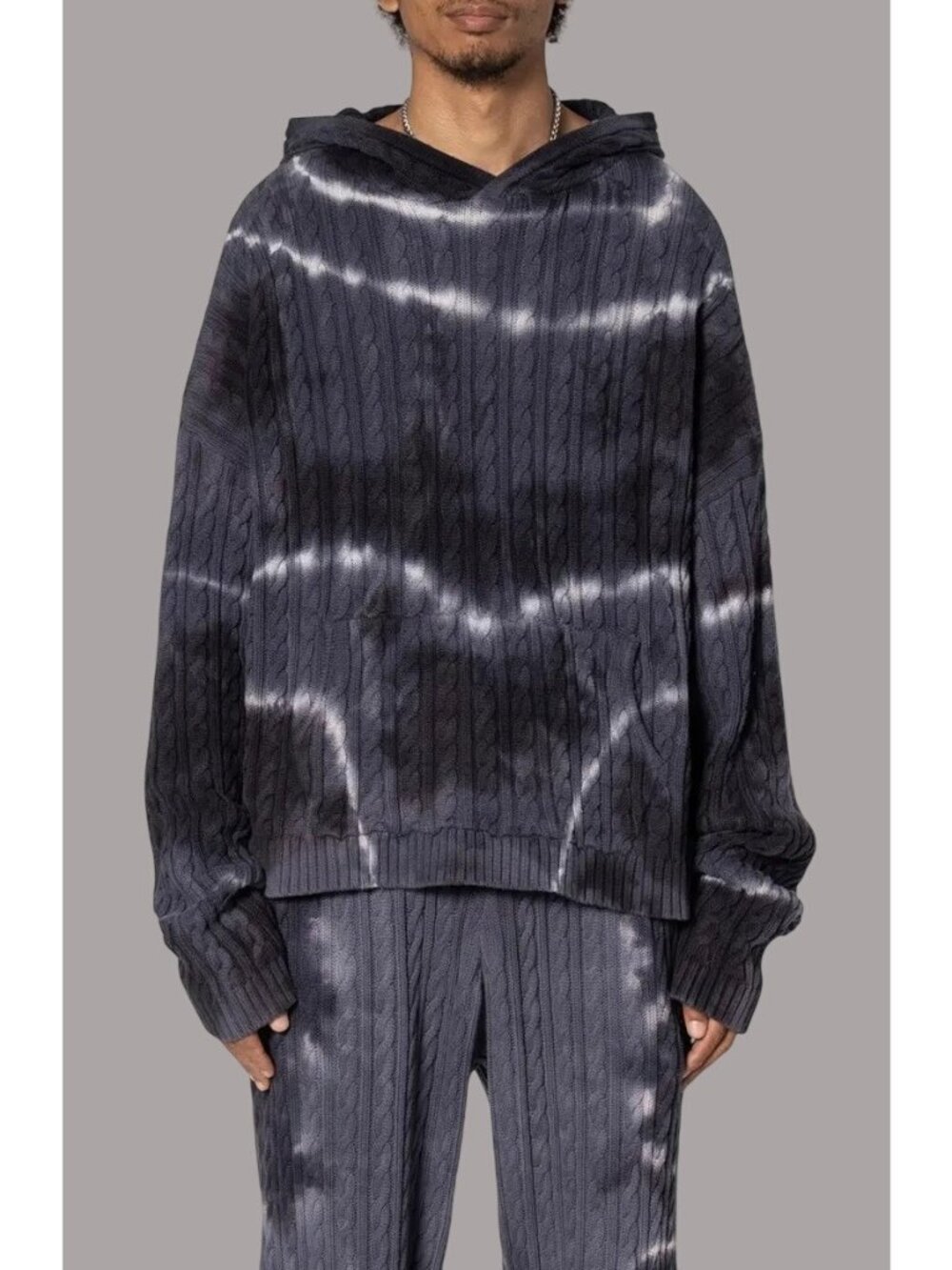 MNML Mens Tie Dye Cable Knit Hoodie Black  M Cotton Cropped Oversized Fit New Wi